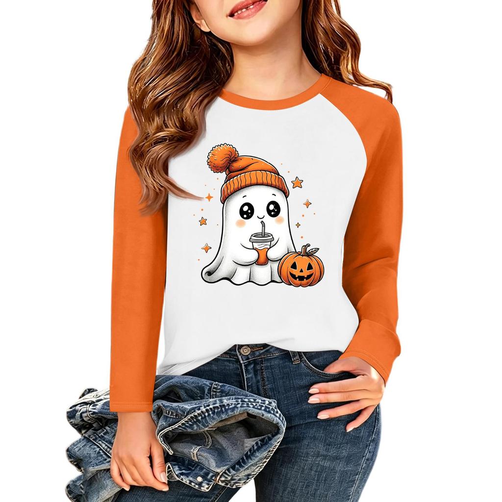 Camiseta Infantil com Estampa de Halloween Manga Longa Casual Gola Redonda para Festa e Uso Diário