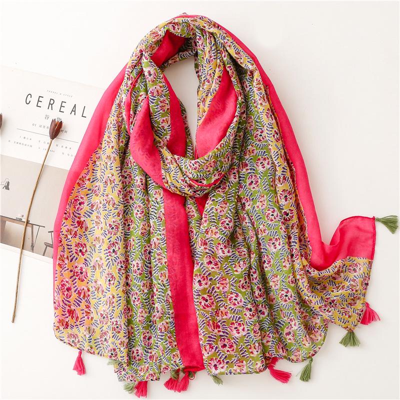 Bali Yarn Cotton-Linen Scarf: Fresh Solid Color, Fruit Green & Bright Yellow Leaf Print with Tassel Detail