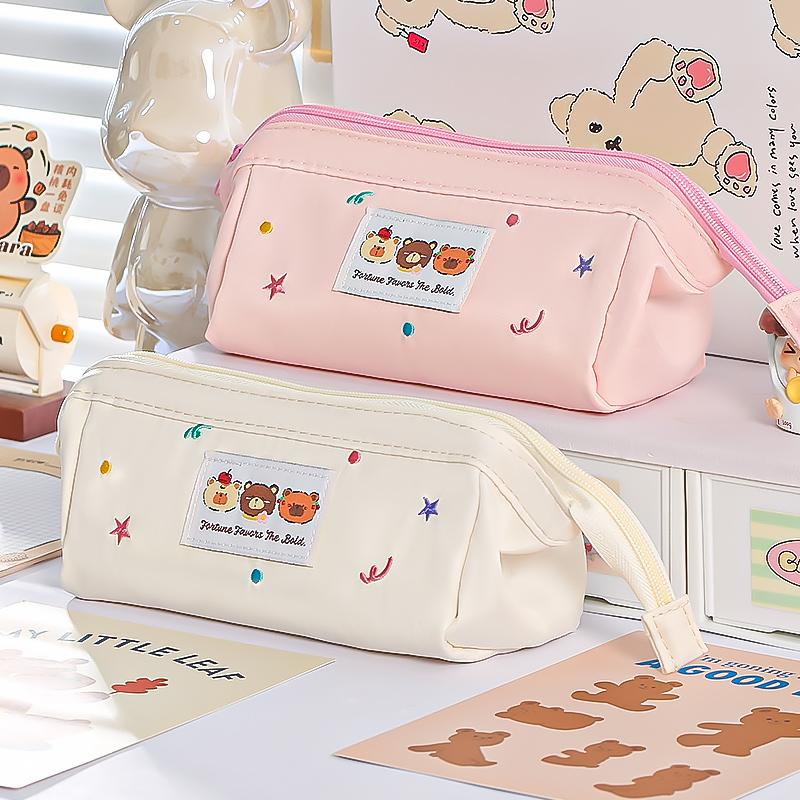 1pcs Three Cartoon Bear Pencil Bag Pen Case Embroidery Design Large Opening Cute Portable Storage Pouch Student