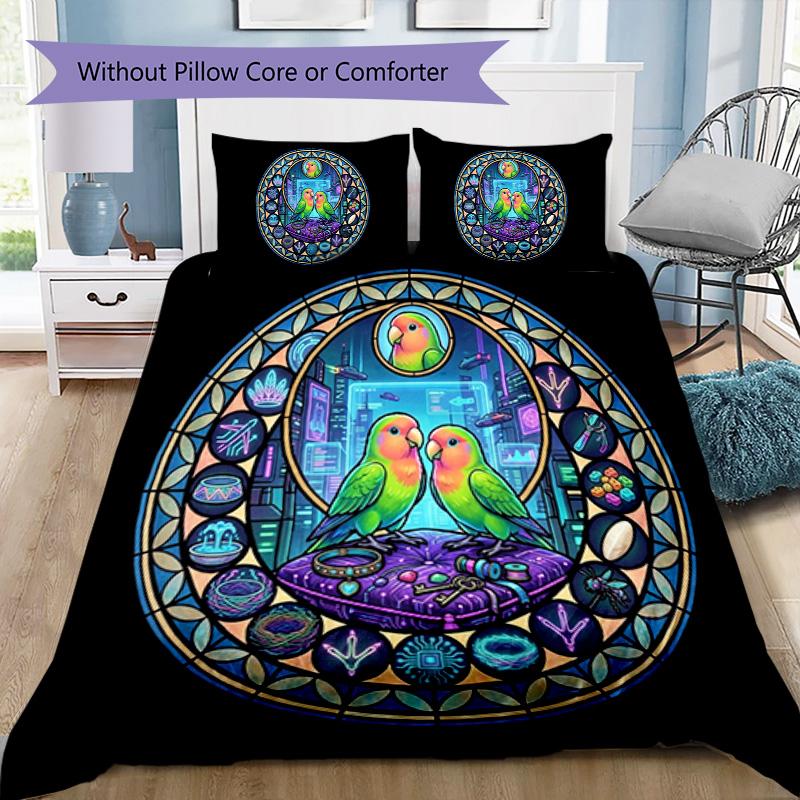 Cybernetic Parrot Window Pattern Bedding,Quilt Set Quilt Cover Pillowcase Home Birthday Gift (1 * duvet cover + 2 * pillowcase, without core)