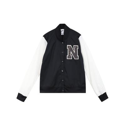 Einreihige Baseballjacke mit langen Ärmeln und Logo-Print Damenjacken Schwarz DZ4631-010