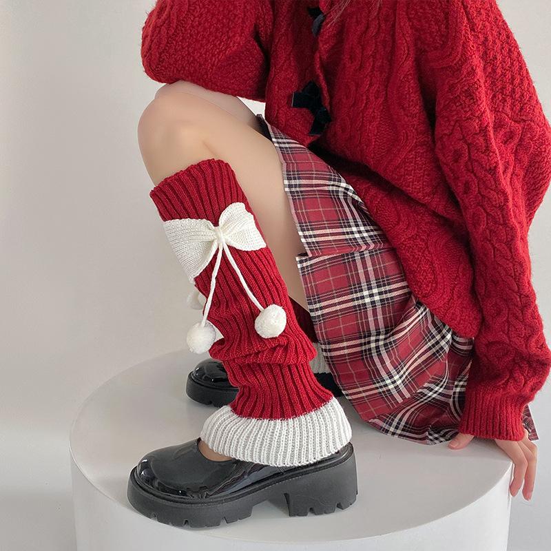 Lolita Socks Bow Lace Hairball Ancola Red Thickened Warm New Year Christmas Pile
