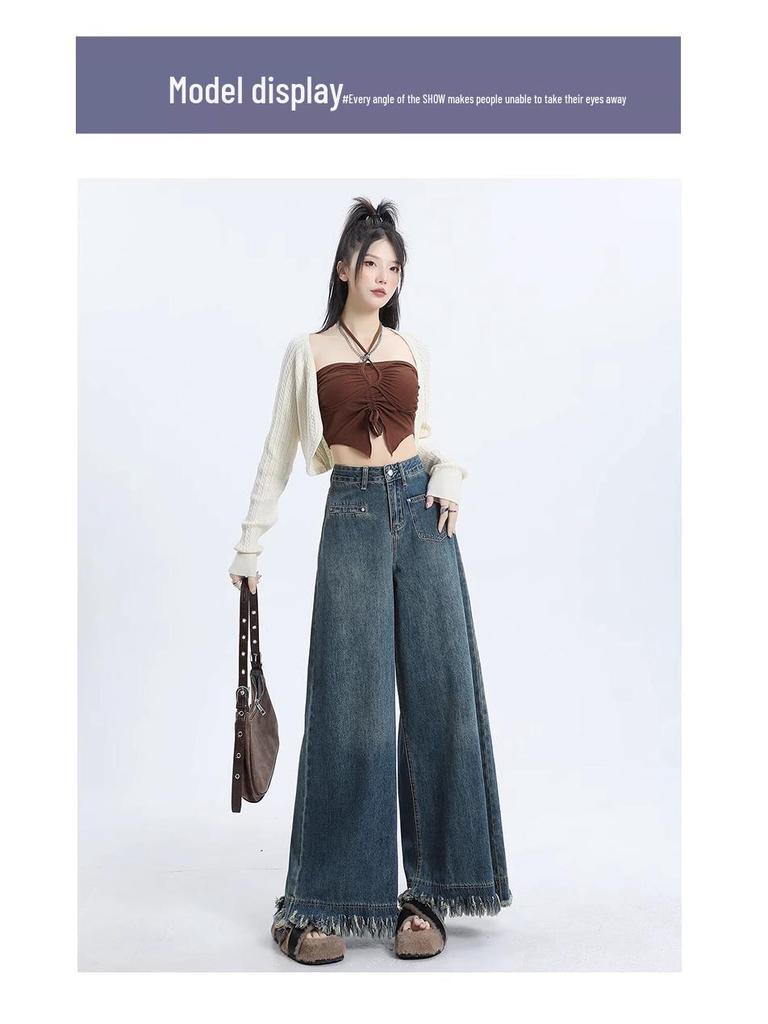 Autumn 2024 Women's High Waist Wide-Leg Retro Frayed Jeans