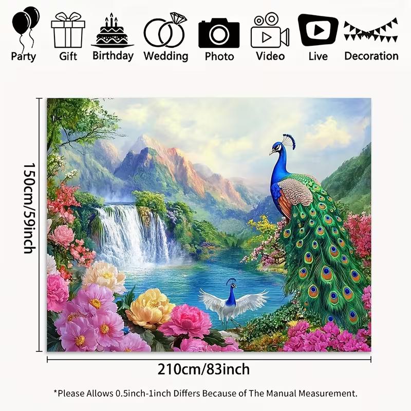 2D Elegant Peacock Floral Waterfall Backdrop Spring Nature Scenery Studio Background Cloth