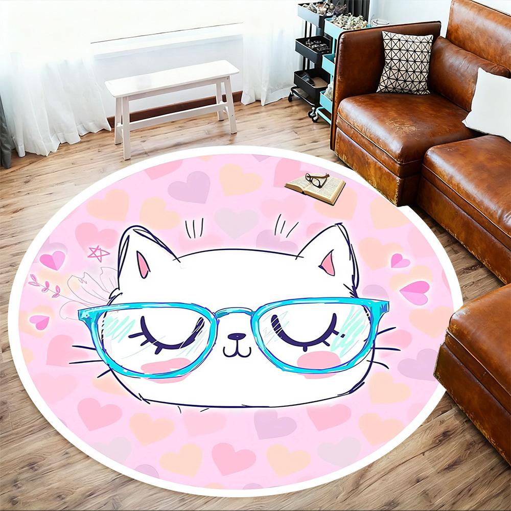 1pc white cat, glasses Round Chair mat Area Rug - Non-Slip, Floor Mat for Office, Bedroom, home decor Christmas Gift p0811308
