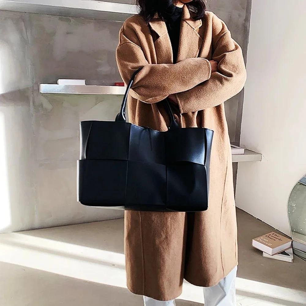 Large Capacity Soft Pu Tote Bag For Women 2024 Luxury Designer Bag Woven Design Shoulder Shopping Handbags Ladies Fashion Purse
