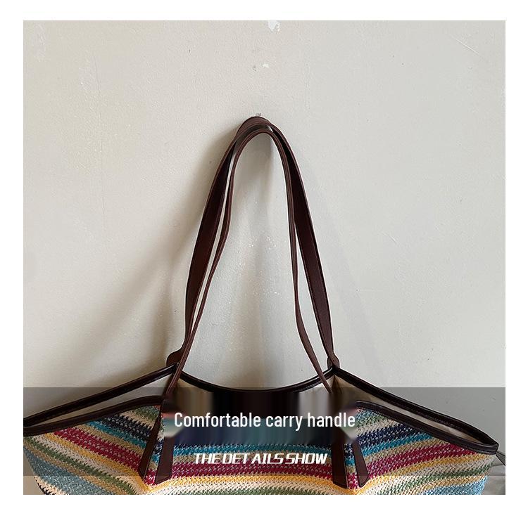Women's Large Straw Woven Striped Tote - Single Shoulder Crossbody Bag, Casual Travel Handheld Shell Shape