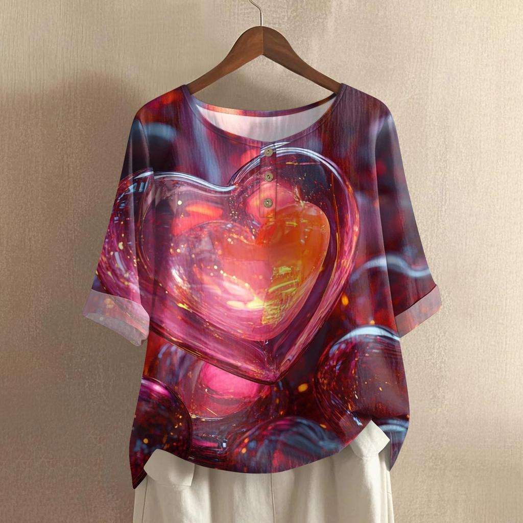 Damska koszulka z nadrukiem na Walentynki, casualowa, z krótkim rękawem, okrągłym dekoltem, z bawełny i lnu