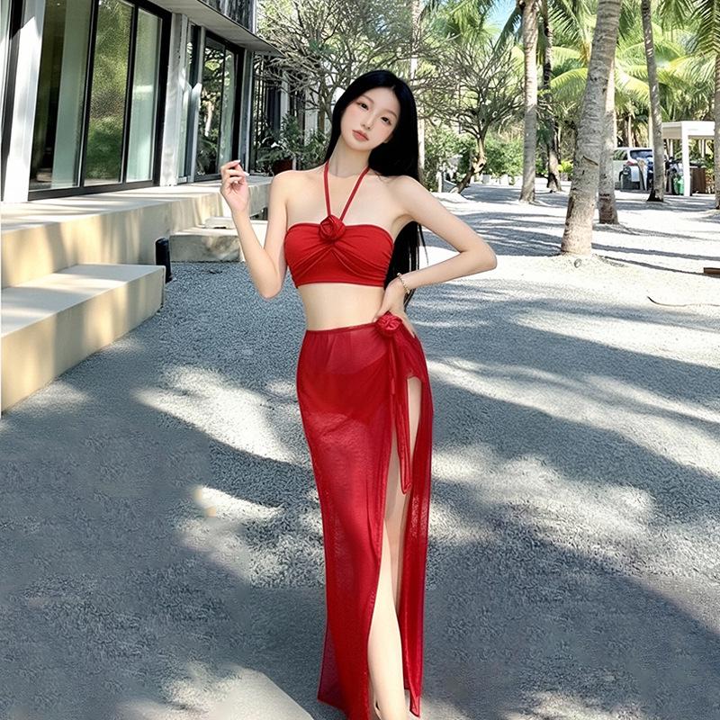 Women's 2025 Push-Up Bikini Set: Three-Piece Swimsuit with Long Skirt, Underwire Support, Beach & Resort Wear.