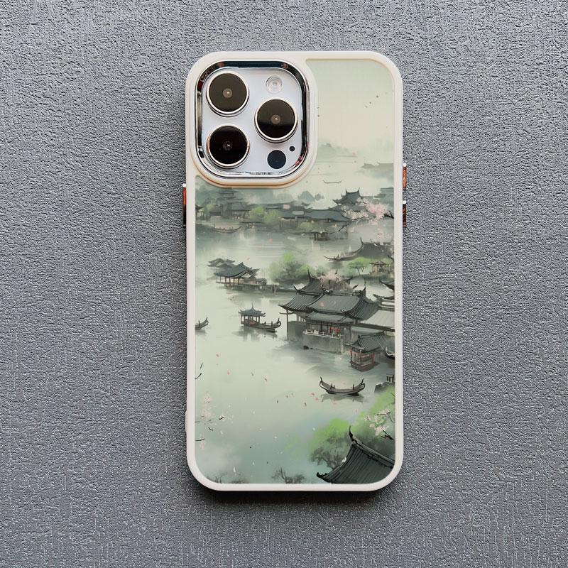 Mountains and Streams Pavilion Ink Brush Painting Phone Case for iPhone 12 13 14 11 Pro Max X XR XS 14 7 8 Plus SE Silicon Cover