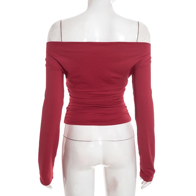 Elegant Off-the-Shoulder Pleated Waist-Cinched Long-Sleeve Cropped Top for Women - Autumn/Winter Collection