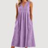 Cotton Sleeveless Vneck Dress With Color Block Pleats For Casual Wear