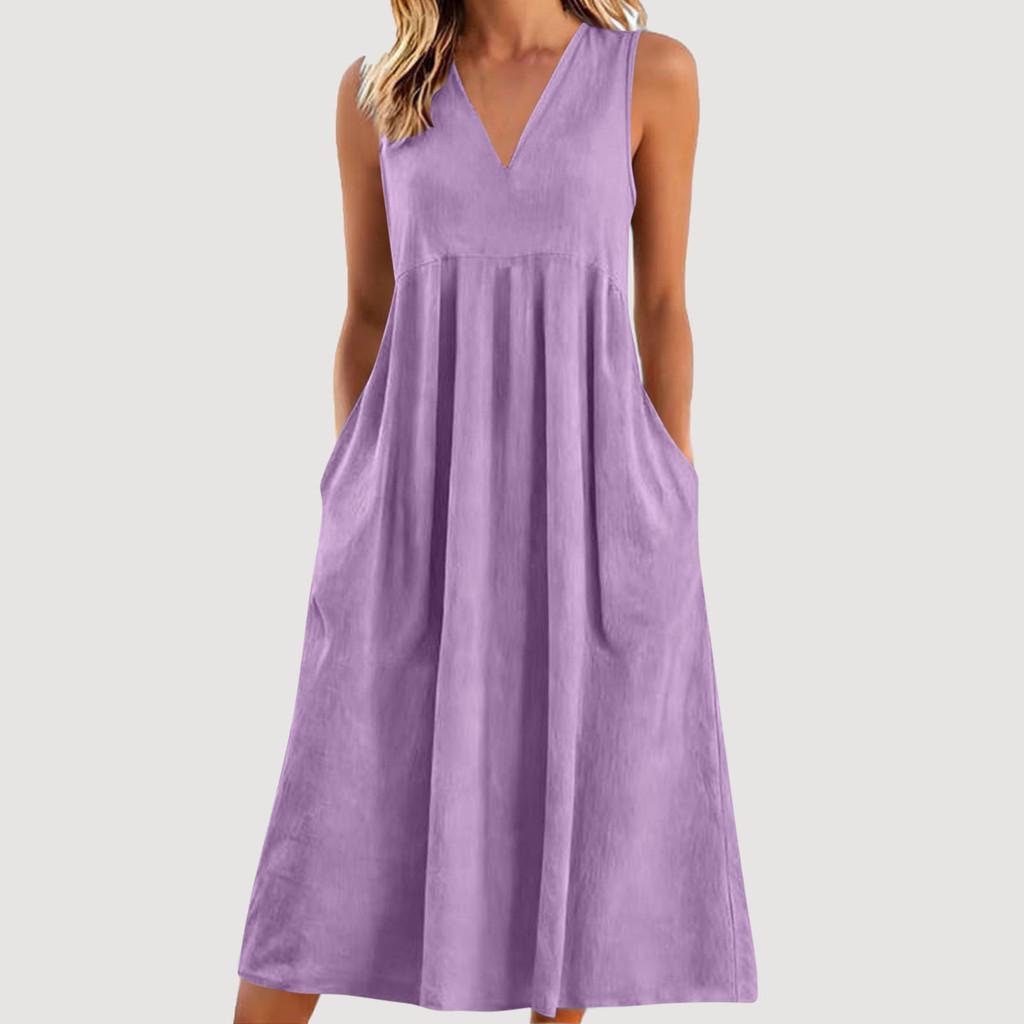 Cotton Sleeveless Vneck Dress With Color Block Pleats For Casual Wear