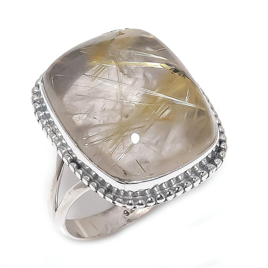 Natural Golden Rutile Gemstone Handmade 925 Solid Silver Jewelry Ring S.9.5 T7i88