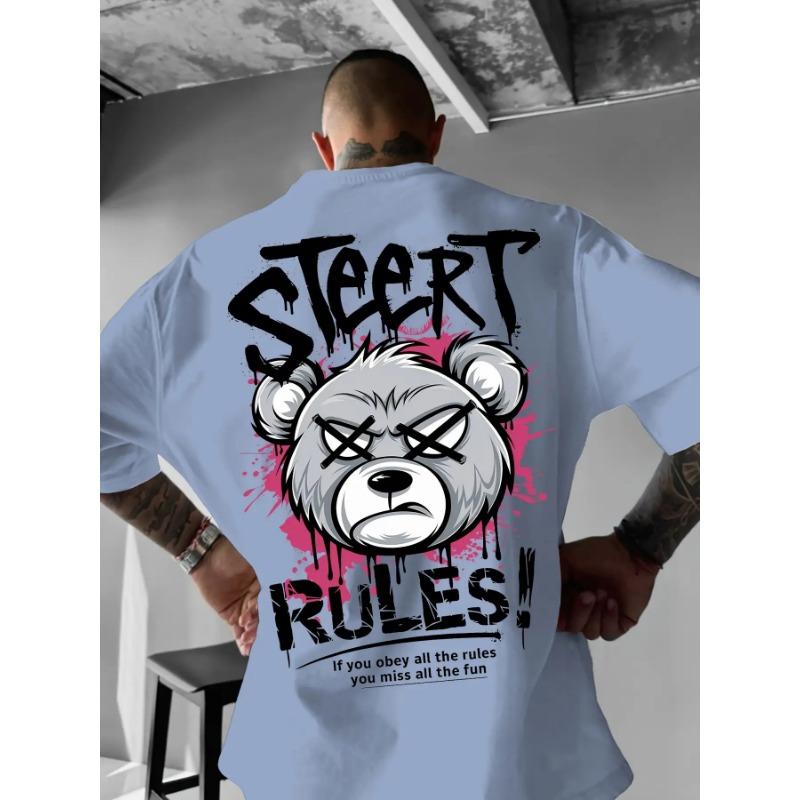Men's Fashion Summer Angry Bear Letter Print Comfortable Breathable Round Neck T-shirt Outdoor Street Style Top