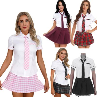 Dámska súprava dievčenského školského kostýmu Košeľa s krátkym rukávom s plisovanou sukňou a kravatou Uniforma školáčka Cosplay maškarné šaty
