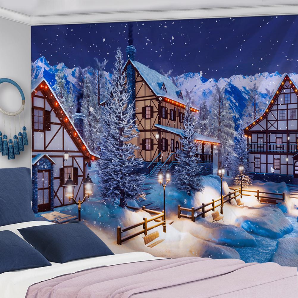 Christmas Snow Scene Tapestry Wall Hanging Art Cartoon Illustration Bohemian Style Bed Curtain Dormitory Home Decor