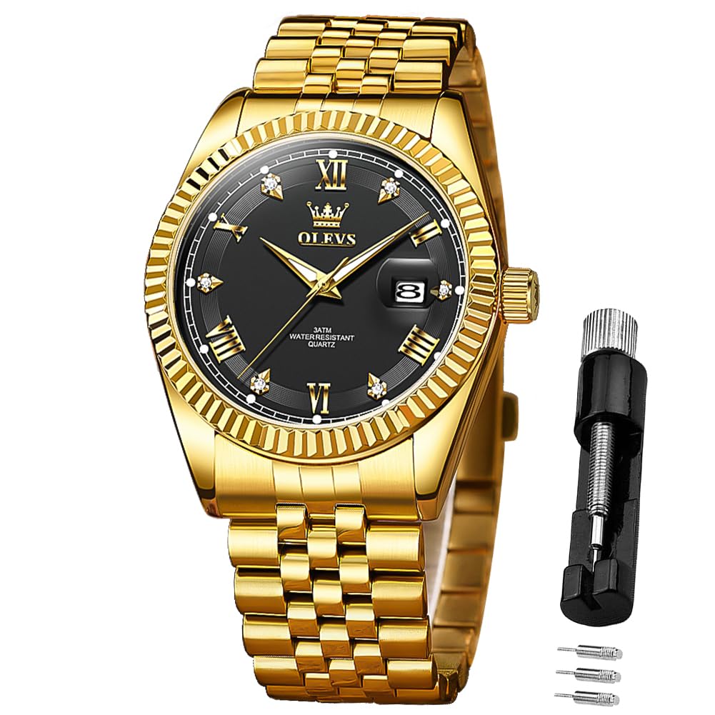 OLEVS Quartz Watch for Date Stainless Business Watch for Gold Black Men, Waterproof, Display, Luminous, Steel, Popular, Stylish, Fashionable, Men, &