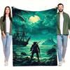 1pc Pirate and Ship Digital Printed Design Blanket - All-Season Soft Flannel Throw with Tropical Beach Scene, Sailing Ships