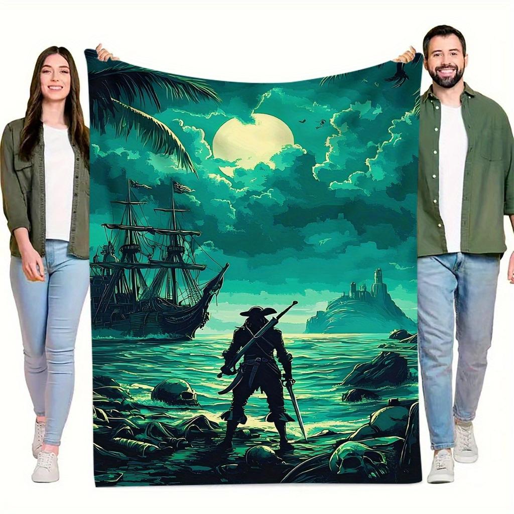 1pc Pirate and Ship Digital Printed Design Blanket - All-Season Soft Flannel Throw with Tropical Beach Scene, Sailing Ships