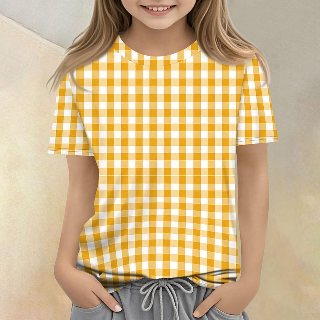 Kids Plaid Print Crew Neck Short Sleeve Casual T Shirt Soft Fabric Lightweight Breathable Fit for Everyday Wear