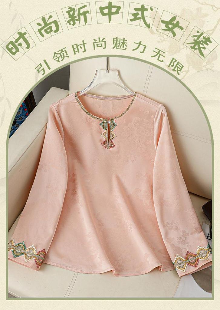 2026 Chinese Style Embroidered Stand Collar Women's Long Sleeve Shirt