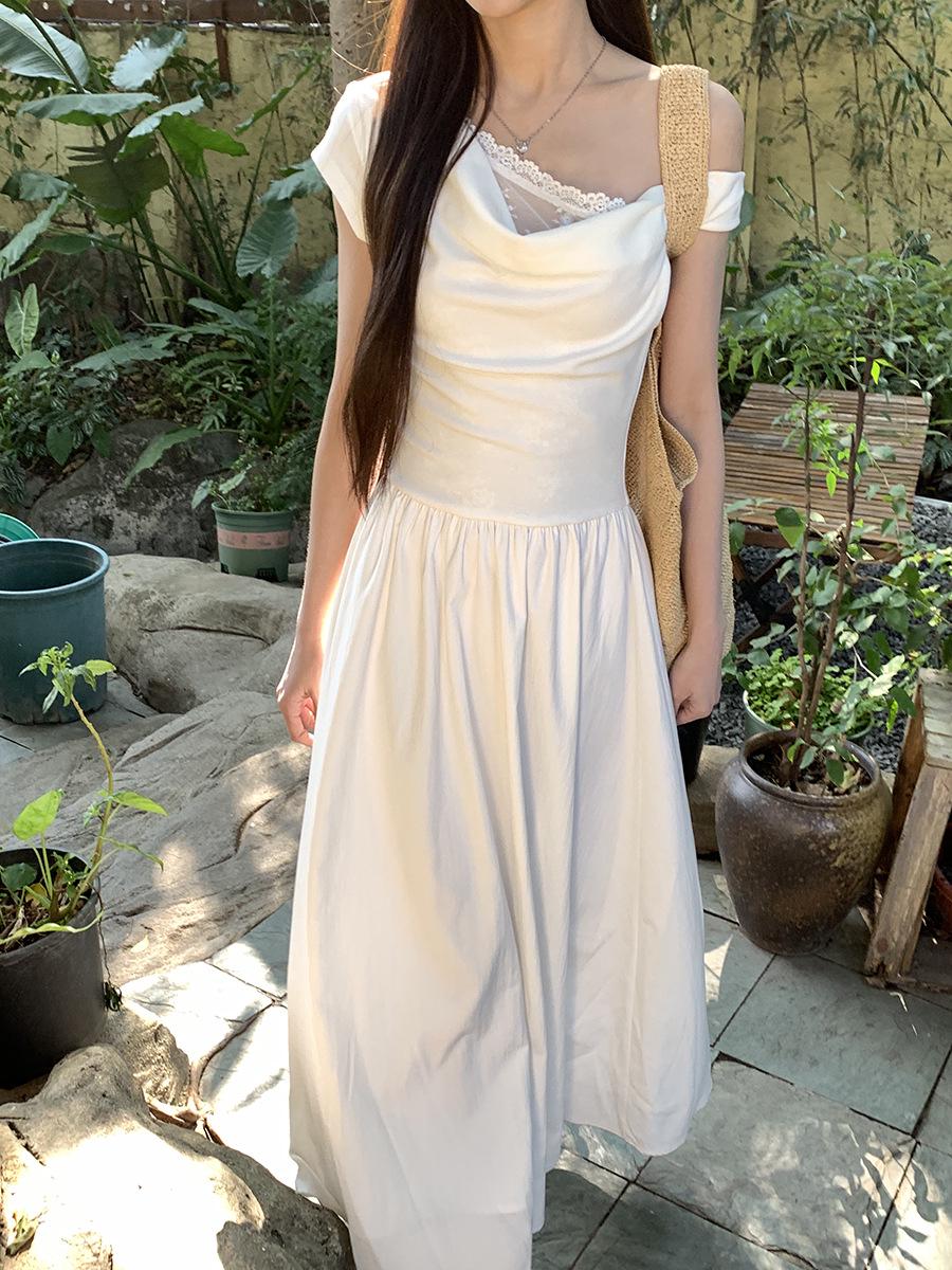 Women s Petite One-Shoulder White Lace Patchwork A-Line Dress - Slimming Cinched Waist, Summer 2026 Arrival Extra Large белый