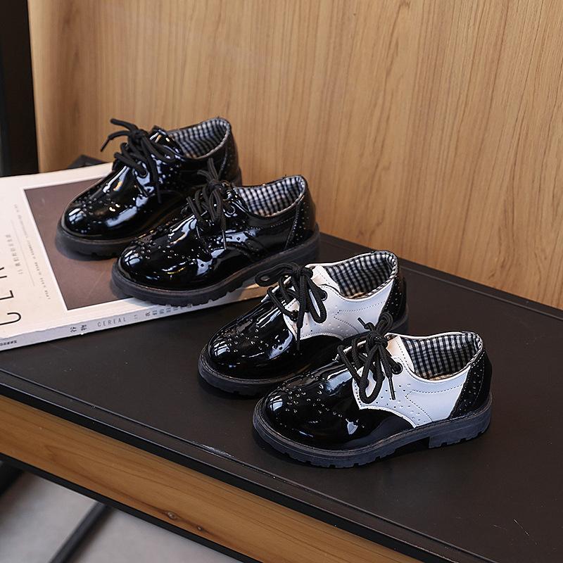 Boys Black British Round Toe Leather Shoes Student Wedding Pageant Performance Dress Shoes