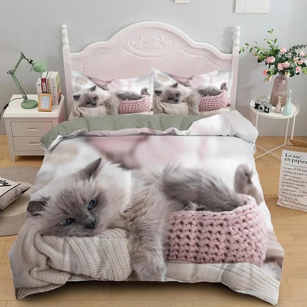 3D Bedding Sets Red Duvet Quilt Cover Set Comforter Bed Linen Pillowcase King Queen 210x210cm Size Pet Cat Design for Boys Girls