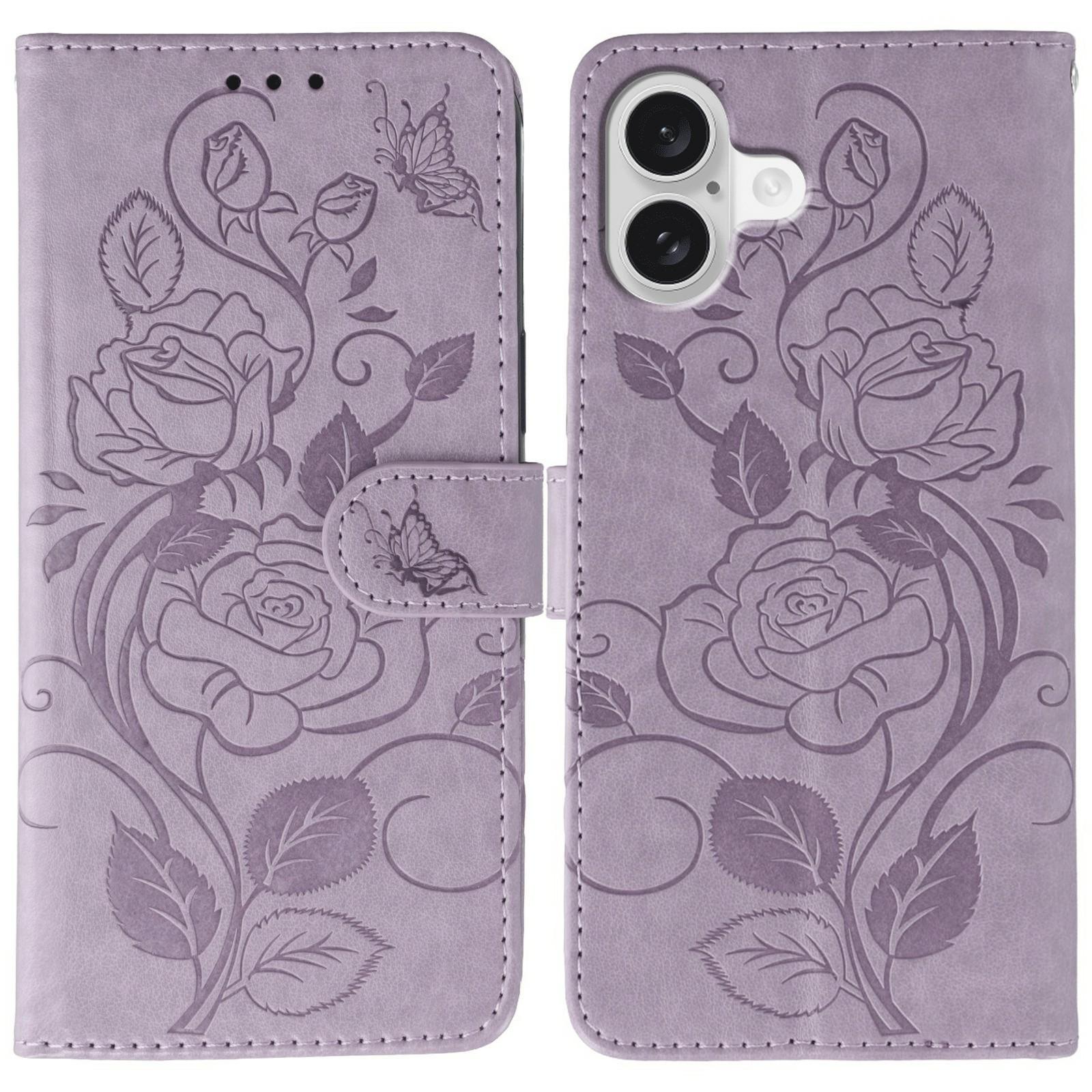 

For iPhone 17 Case Wallet Stand Imprinted Rose Butterfly PU Leather Phone Cover Purple