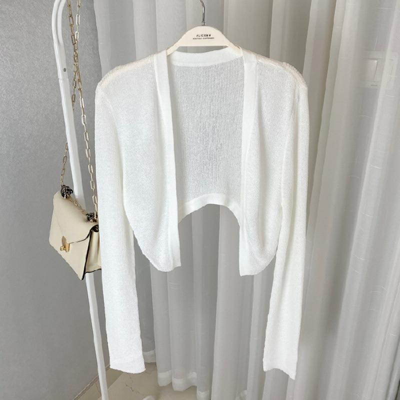 

White ice silk sunscreen cardigan jacket, thin small cape women s shawl, summer with suspender skirt and overcoat One size fits all