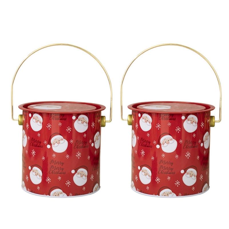 Pack Of 2 Christmas Treat Boxes with Handle Handheld Round Bucket Tinplate Sweets Cookie Container for Party Use