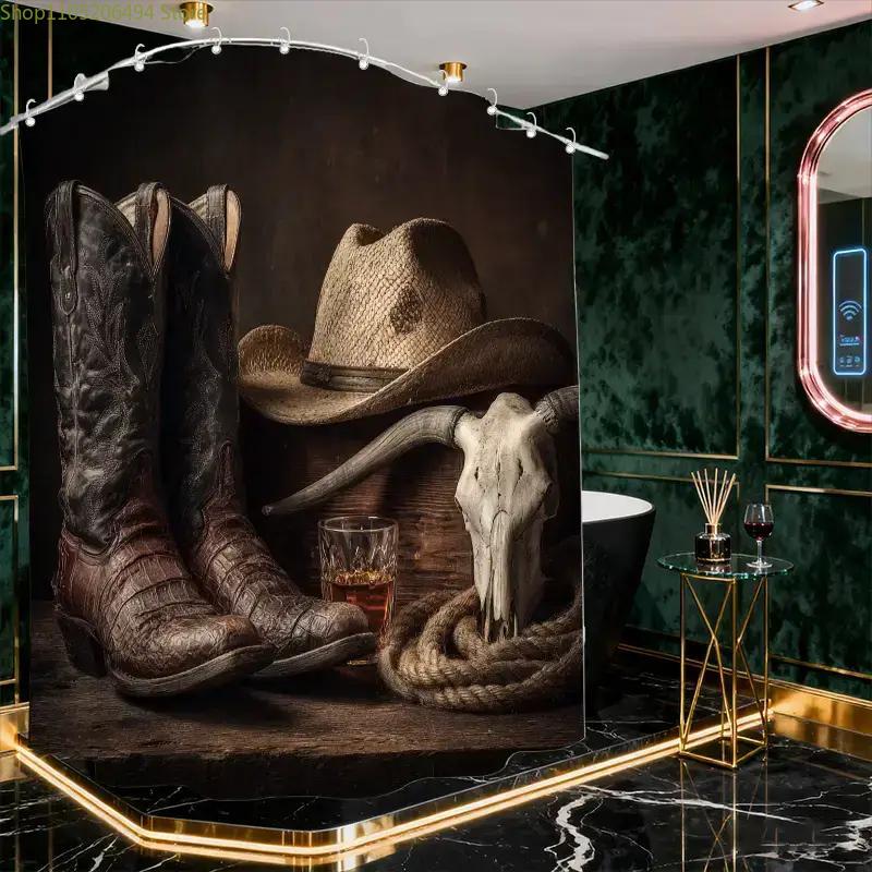 1 Vintage Cowboy Shower Curtain | Polyester Sateen, Unlined, 180*180cm, Includes 12 Hooks, Machine Washable, All-Season Home D