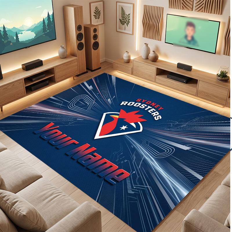 Sydney Roosters Personalized Crystal Velvet Carpet, Customized Name Text Soft Anti‑Slip Rug for Living Room Bedroom
