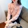 Fashion New 2024 Autumn Long Sleeve Bow Collar Casual Pink Ruffles Chiffon Blouse Shirt Women Tops Blouses Shirts J539