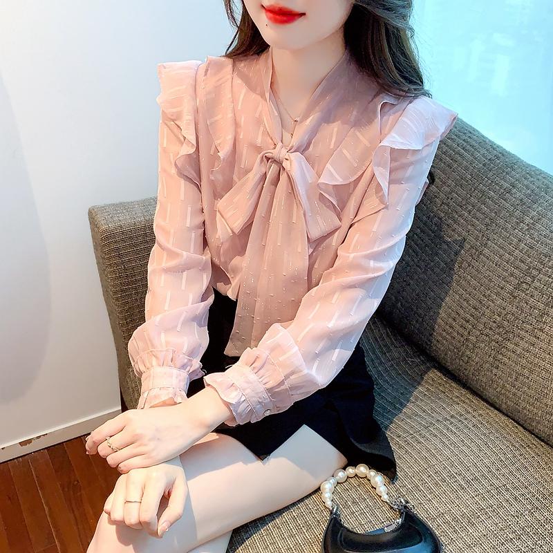 Fashion New 2024 Autumn Long Sleeve Bow Collar Casual Pink Ruffles Chiffon Blouse Shirt Women Tops Blouses Shirts J539