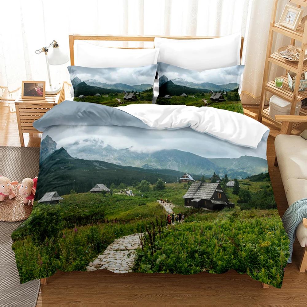 Beauty Tree Road Bettbezug-Set Landschaft Bettwäsche-Set Doppelgröße Queen-Size King-Size, Baumstraße Himmel Bett-Set Aldult Teen Schlafzimmerdeko