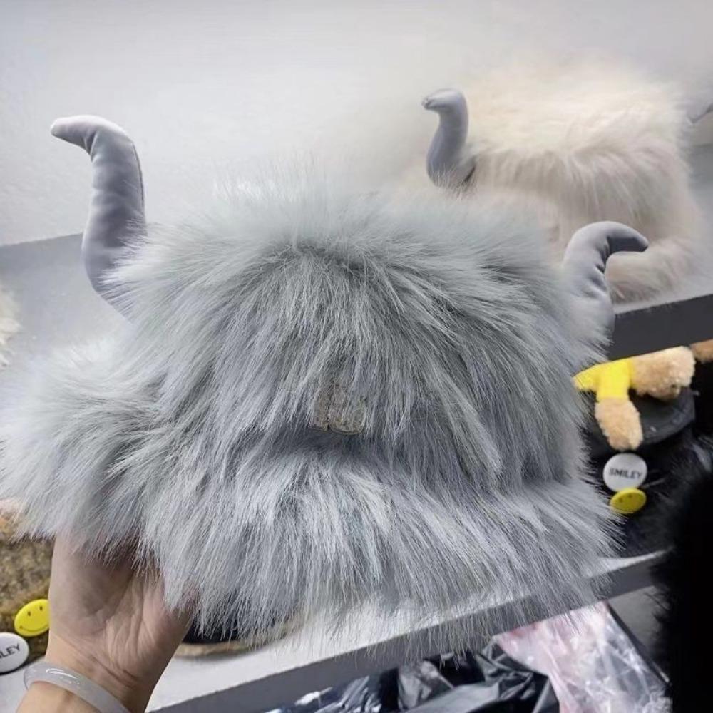 Big Black Fluffy Women's Hat Men's and Women's Winter Horn Ears Windproof and Cold Cycling Cute Cow Head Warm Plush Hat
