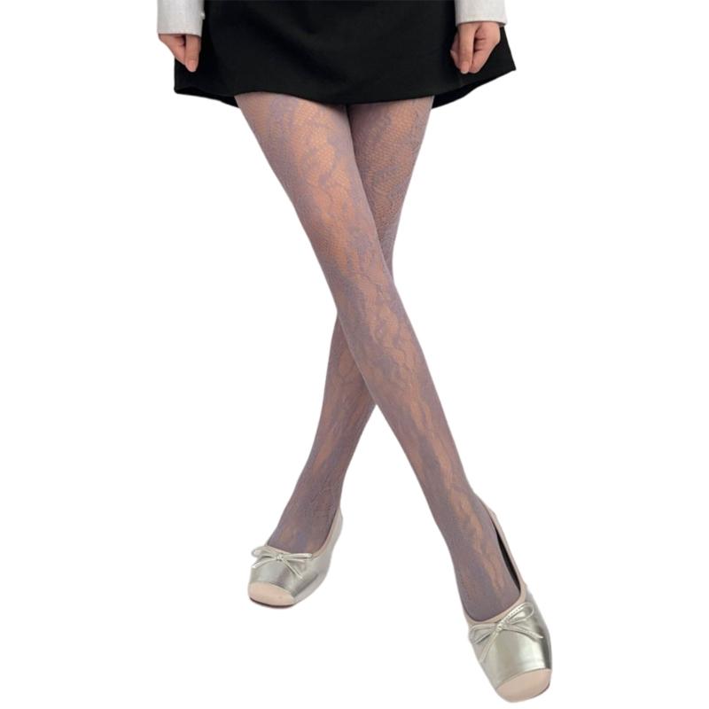 Women Sunflower Jacquard Pattern Fishnet Tights Stockings Sexy Hollowed Sheer Mesh Lace Solid Colored Pantyhose Leggings