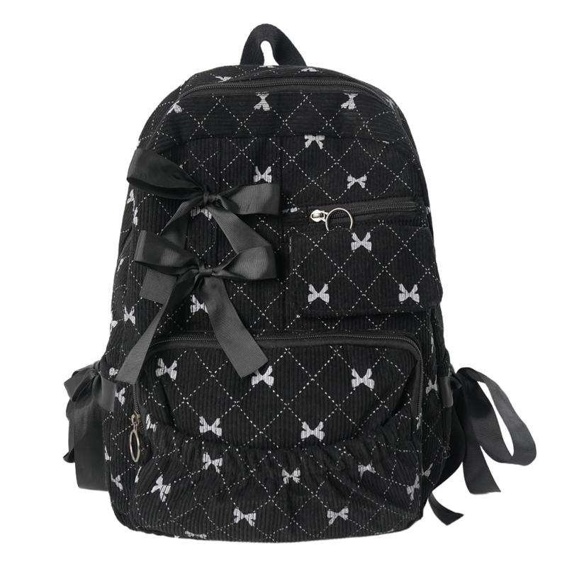 Corduroy Backpack Large Capacity Bow Print Backpack Student Schoolbag