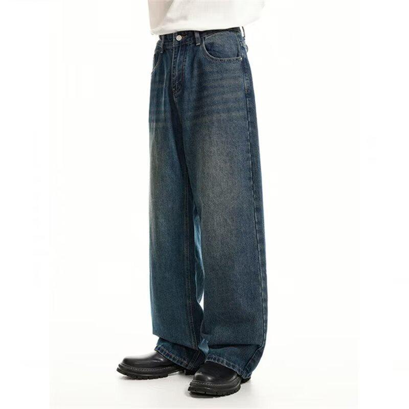 Men's Retro Distressed Wide-Leg Jeans - High Street Fashion, Loose, Straight, Floor-Length.