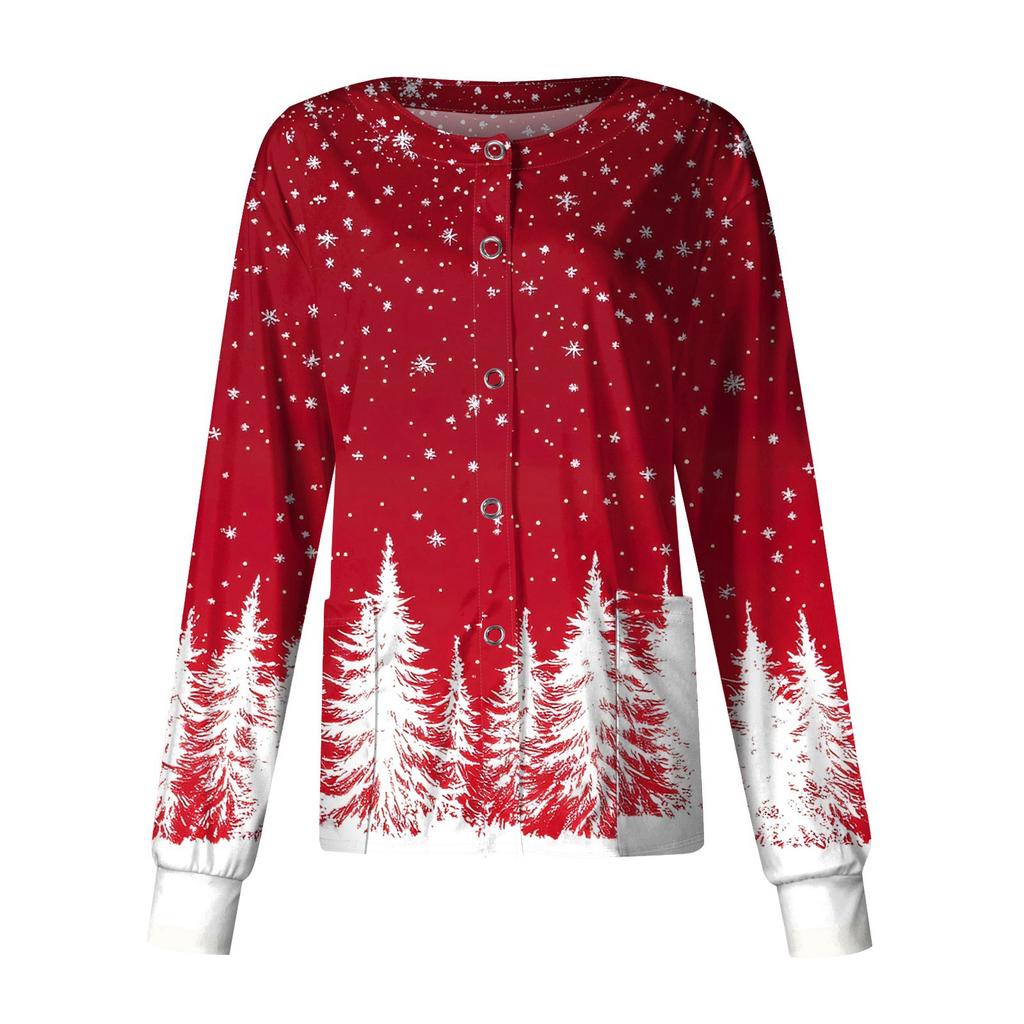 Dámský ležérní kardigan s dlouhým rukávem a jednořadým zapínáním, s vánočním potiskem, ochranný oděv