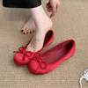 Red shallow single shoes women's new retro gentle round head ballet flat beanie shoes