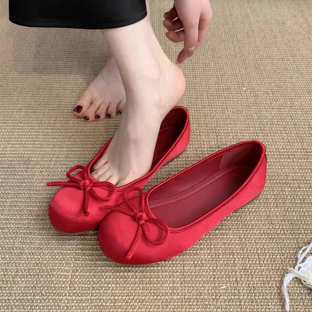 Red shallow single shoes women's new retro gentle round head ballet flat beanie shoes