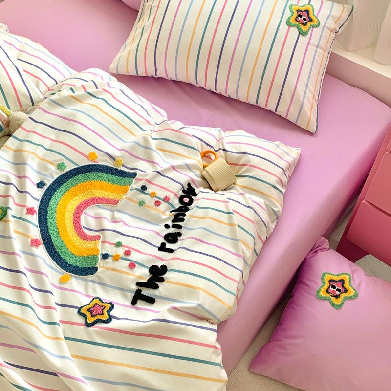 Washed Pure Cotton 4Pcs Set Cotton Towel Embroidered Quilt Cover Soft Skin-Friendly Bed Sheet Mattress