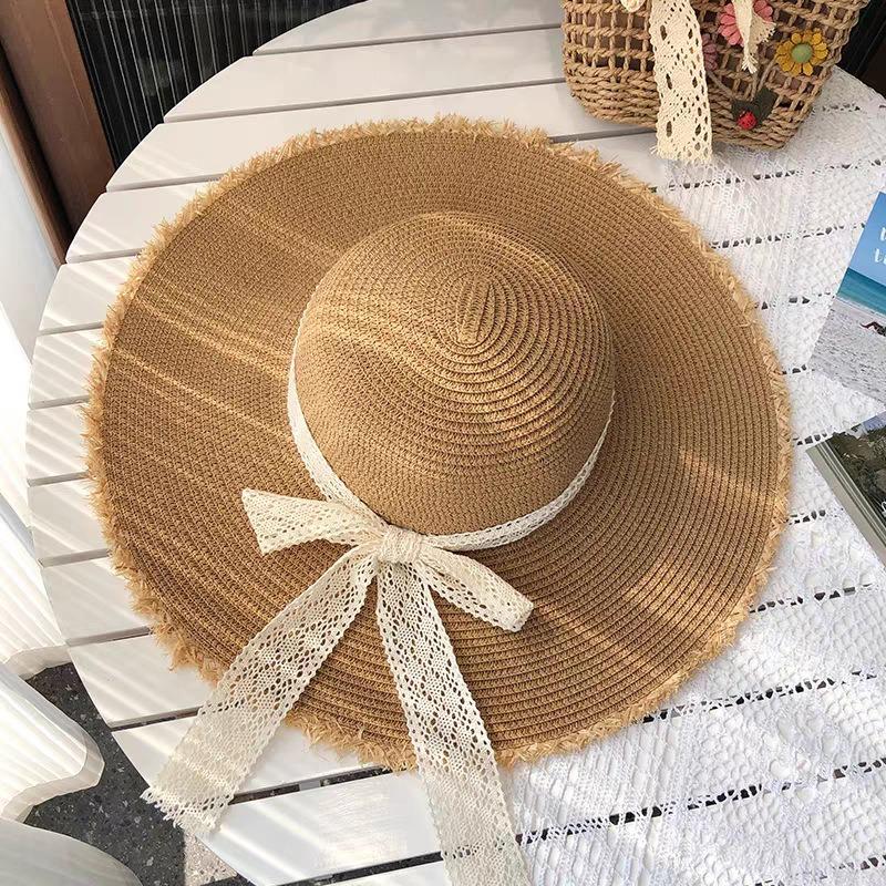 Lace Bow Big Brim Straw Hat Seaside Beach Sunscreen Hat Ladies Pretty Sun Hat