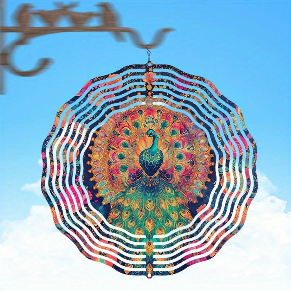 Flower Peacock Wind Chime Outdoor Garden Patio Decor Weatherproof 2D Art Rotating Hook Holiday Home Decoration