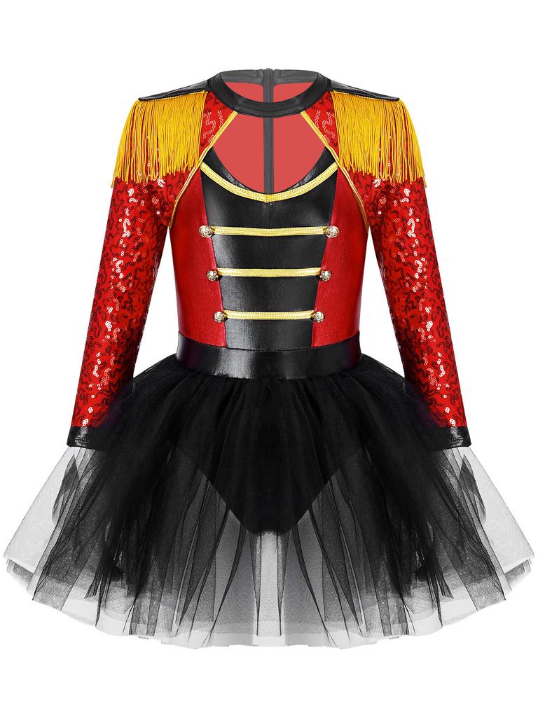 Girls Circus Tutu Leotard Dress Long Sleeve Sequin Tassel Shoulder Back Zipper Costume Set Hat Magic Wand