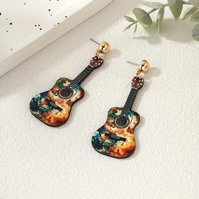 A Pair of Personalized and Creative Color Three-dimensional Guitar Wooden Earrings, Fashionable and Versatile Women's Music Festival Matching Gifts