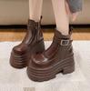 Nowe Damskie Botki do Kostki z Futra Gruba Podeszwa Skórzane Botki Motocyklowe Combat Jesień Zima Ciepłe Pluszowe Buty Śniegowe na Wysokiej Platformie Kobieta 10CM